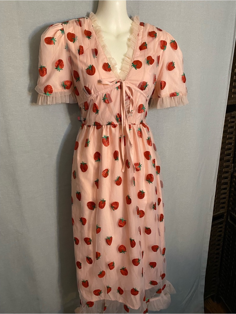 Strawberry Print Pink Midi Dress with Ruffle Trim